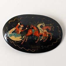 Vintage Soviet Russian Hand Painted Troika Black Lacquer Brooch picture