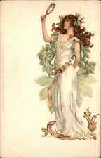 Beautiful Woman Art Nouveau Mirror Jewled Belt Meissner & Buch c1900 Postcard picture
