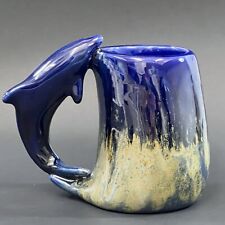 VTG Doug Wylie DOLPHIN SHAPE HANDLE Blue Drip Ceramic Mug Signed 4.75