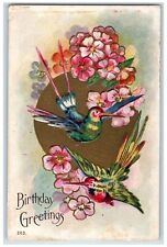 c1910's Birthday Greetings Humming Birds Flowers Embossed Antique Postcard picture