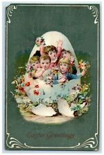 c1910's Easter Greetings Children In Hatched Egg Flowers Embossed Postcard picture