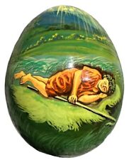 Vtg Russian Hand Painted Lacquered Wooden Egg ~ Boy Asleep In Hayfield - Signed picture