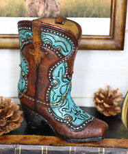 Rustic Western Cowboy Turquoise Floral Boot Figurine Stationery Holder Figurine picture
