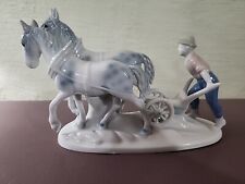 GEROLD Porcelain Farm Boy Plow Horses Figurine Blue White W. Germany 4900 picture