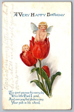 Greetings Postcard A Very Happy Birthday Children Wings Red Roses Embossed picture