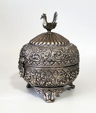 Vintage Silver Tone Box Peacock Bird Handle Footed Round Storage Jewelry Box  picture