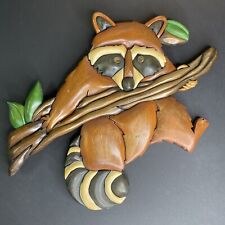 Vintage 1980s Racoon Hand-Carved Hand-Made Solid Wood Cottage Wall Hanging picture