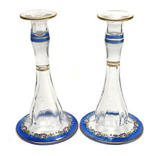Pair American Glass Hand Painted Enamel Candle Holders,Clear Blue and Gold c1940 picture