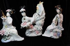 3 JAPANESE GEISHA GIRLS PORCELAIN FIGURINES STATUES HAND PAINTED RAISED FLOWERS picture