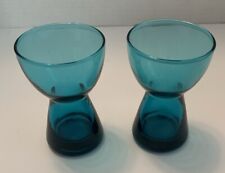 2 Morgantown Glass Peacock Turquoise Teal Candlestick Holders Or Vases MCM 1960s picture