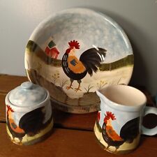 Vintage Ceramic Rooster Serving Bowl, Matching Sugar Bowl & Creamer, Country picture