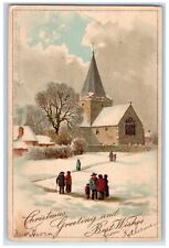1903 Christmas Greetings People Walking Church Winter Churchville NY Postcard picture