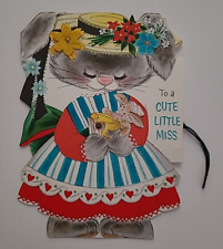 1963 Vtg MECHANICAL BIRTHDAY Little Miss BUNNY w DRESS Hat Rocks Her Baby CARD picture