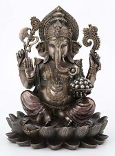 9 7/8 Inch Lord Ganesha Sitting on Lotus Hindu God Antique Bronze Finish Statue picture