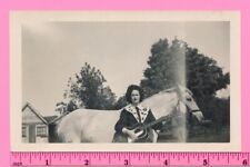 Woman Rockabilly Country Musician Holding Guitar by Horse Vintage Snapshot Photo picture