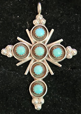 Vintage ZUNI Sterling Silver Turquoise 6 Stones CROSS Pendent Large picture