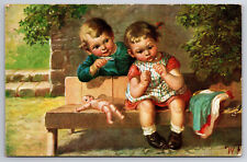 Postcard Artist Signed WF Girl Trying to Thread Needle to Mend Doll Clothes picture