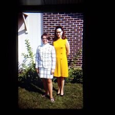 VTG 35mm Slide Found Photo Two Beautiful Ladies In Dresses 1969 Striped Yellow picture