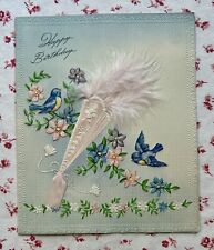 Vintage 1940s UNUSED Birthday Real Pink Feathered Fan & Blue Birds Greeting Card picture