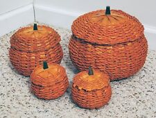 Vintage Lot of 4 Wicker Pumpkin Baskets w/ Lids Halloween Autumn Fall, Up to 8