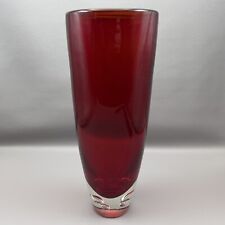 Vintage Large 13” Ruby Red Cylinder Vase Clear Base Art Glass Bubbles picture