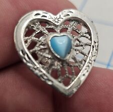 VTG Lapel Pinback Hat Pin Silver Tone Heart Ornate Turquoise Rhinestone Accent picture