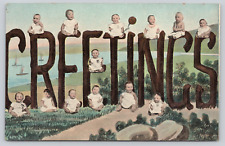 Odd Multiple Baby Greetings at Harbor c1910 Postcard #1086 Theodor Eismann Ships picture