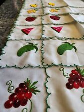 Vintage Embroidered Bright Fruity Tablecloth Linen Oval 67x71 w/12 Napkins  picture