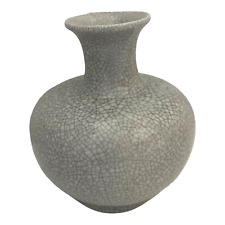 Vintage Crackle Glaze Bulb Vase Porcelain Flared Rim Gray Asian Decor 7.25