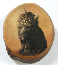 Vintage Rustic Lacquered Wood Art Cat Kitten Wall Plaque Decor 5 x 4.25 in picture