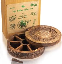 PEAK LIFE HANDCRAFTED INDIAN WOODEN SPICE BOX, ROUND picture