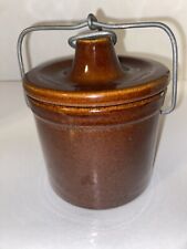Vintage Brown Glazed Pottery Stoneware Cheese/Butter Crock with Wire Clamp Lid picture
