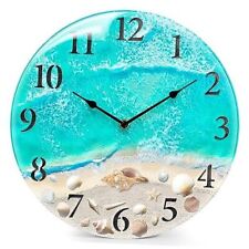 Coastal Nautical Glass Wall Clock with Seashell Design and 12 Inch Teal picture
