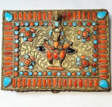 Antique Tibetan/Nepalese Brass Cloisonne/Box Turquoise Coral Inly/Vishnu Figure picture