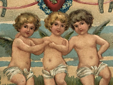 Valentines Postcard Triplet Cupids Four Leaf Clovers C.1908 picture
