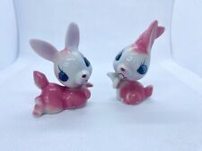 2 Vintage Arnart Pink Baby Babies Bunny Rabbit Figurine Japan MCM Kitsch Defects picture