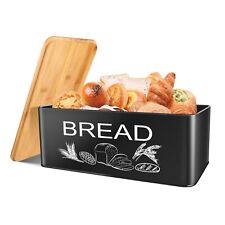 Large Vertical Black Bread Box Metal with Wooden Lid, Holds 2 Loaves Farmhouse picture