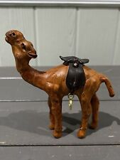 Vintage 6” Camel Sculpture Leather on Hand Carved Wood w/ Harness & Saddle picture