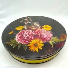 Vintage Round Cookie Candy Metal Tin Container with Flowers & Coffee or Tea Pot picture