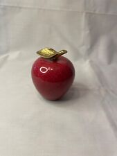 Red polished, marble stone, apple paperweight, with gold brass stem leaf picture