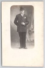 RPPC Dapper Gentleman With Bowler Hat And Cigar Studio Photo Masked Postcard P26 picture