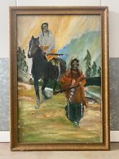 🔥 Antique Vintage Old Native American Indian Horse Oil Painting, Texas 1940s picture