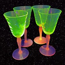 Pink Glass Goblet Drinking Glasses Set 4 Manganese 365nm Green UV Glow Vintage picture