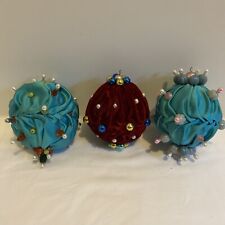Vtg Handcrafted RARE OOAK GLOWING Beads Embellished Christmas Ornaments Set Of 3 picture
