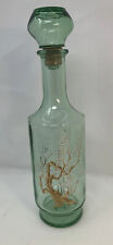 Vintage 1960's Green Glass Liquor Alcohol Decanter Gold Tree White Blossom picture
