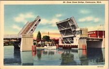 Cheboygan MI-Michigan, State Street Lift Bridge, Bells Fishery Vintage Postcard picture