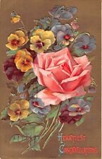 1909 Congratulations Postcard of Pretty Pansies With a Lovely Pink Rose picture