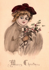 Merry Christmas Drawing/Illustration of Woman In Holiday Spirit VINTAGE Postcard picture