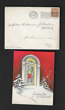 vintage 1939 N.Y. Greeting You at CHRISTMAS Card House Porch Snow envelope stamp picture