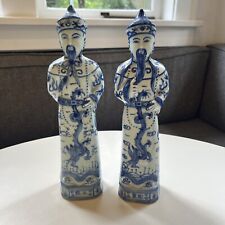 Pair Of Vtg Chinese Emperor Figurines White + Blue Ceramic Statues Chinoiserie picture